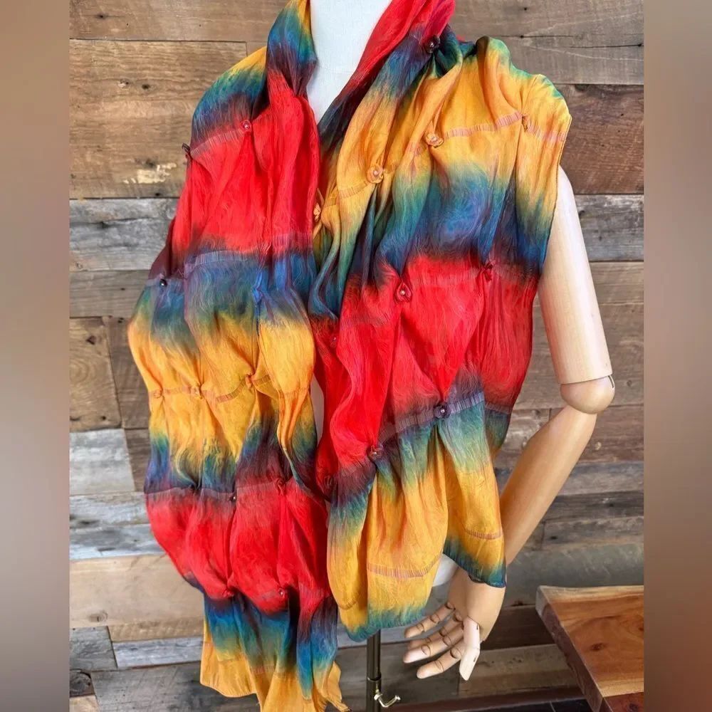 Tie-dye silk/lustrosilk gathered full size scarf/wrap in reds, blues, yellows..